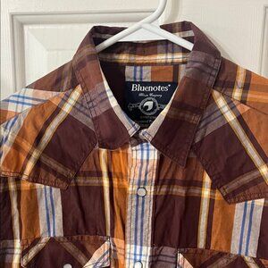 Bluenotes 90s Vintage Brown Plaid Pearl Snap Trucker Shirt Country Western Men M